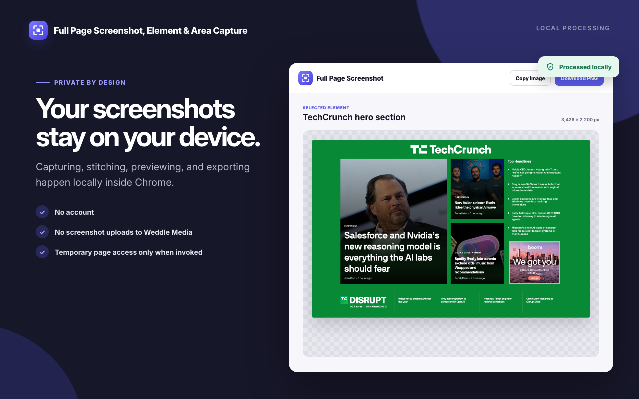 The extension preview page showing a finished capture with Copy image and Download PNG buttons and a Processed locally badge