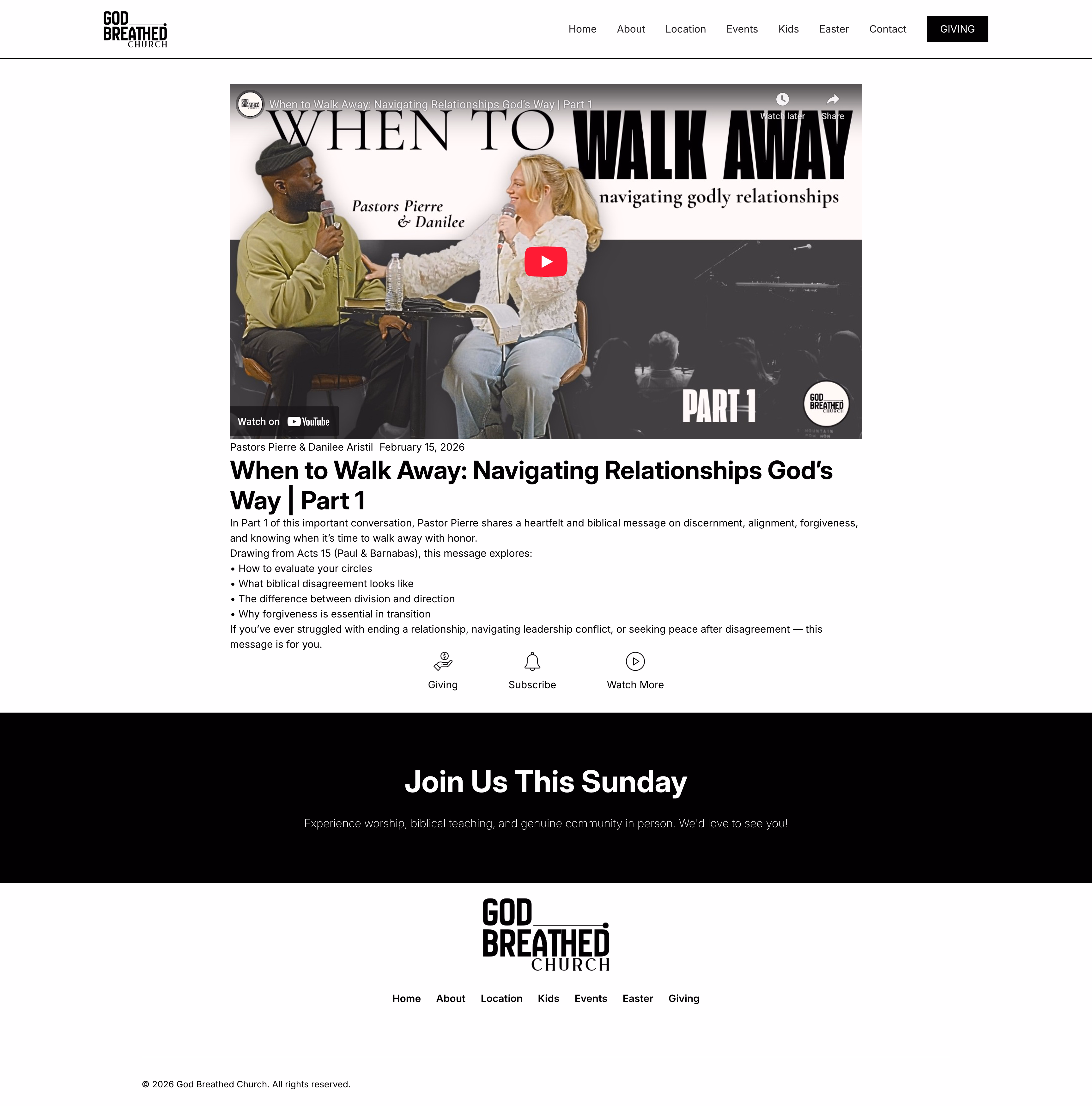 God Breathed Church individual sermon page with YouTube embed