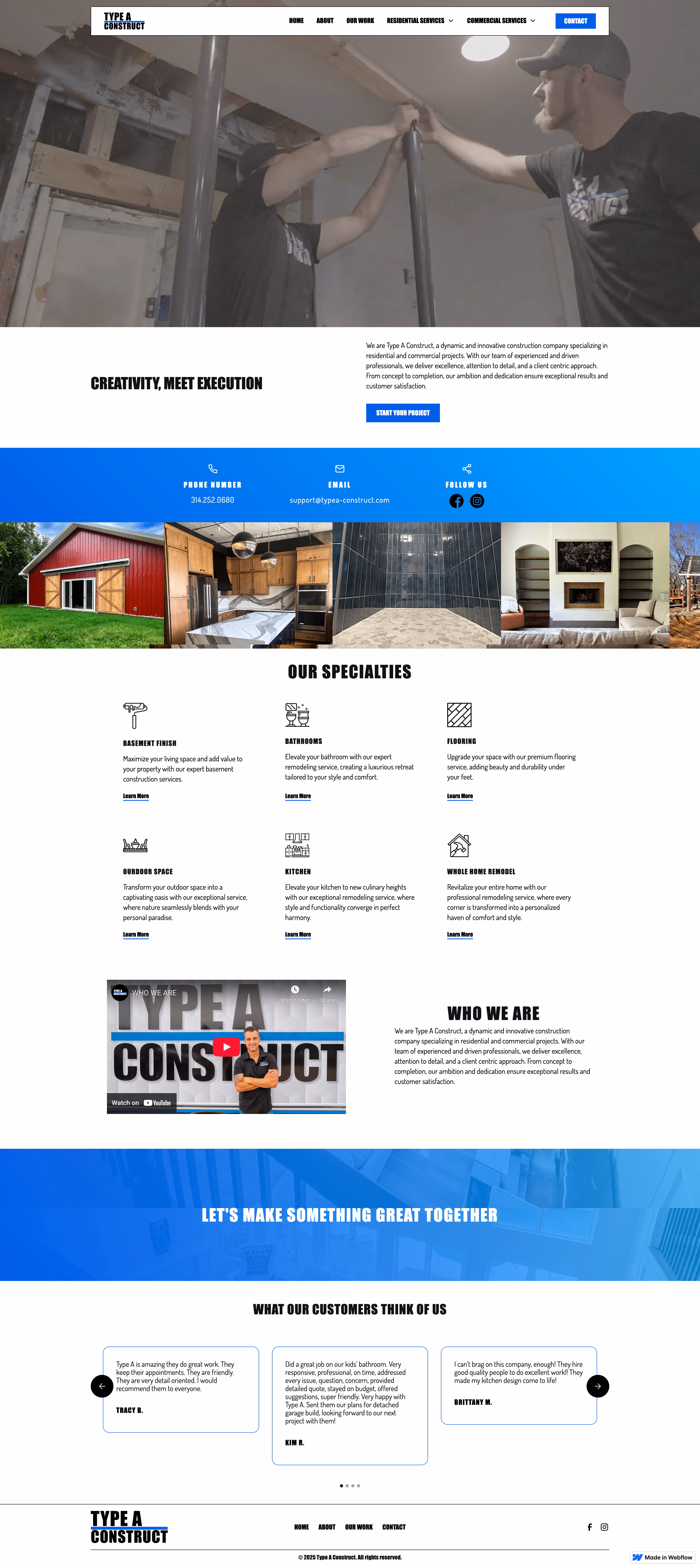 Type A Construct — full website screenshot showing specialties, testimonials, and core values