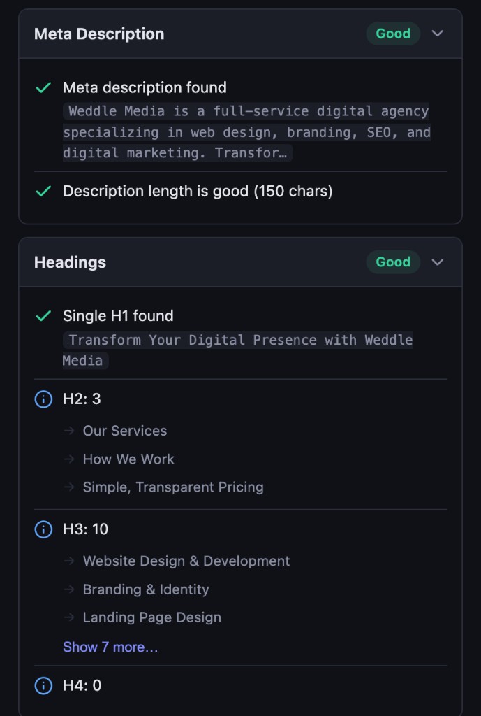 Headings and meta description audit results