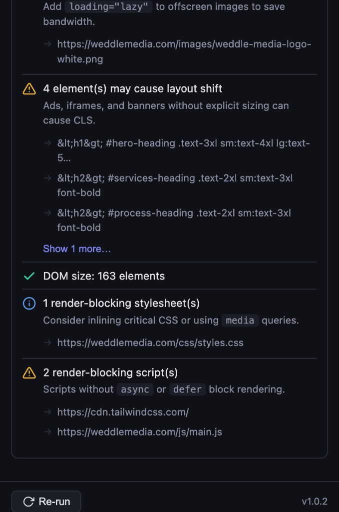 DOM size, render-blocking resources, and layout shift analysis