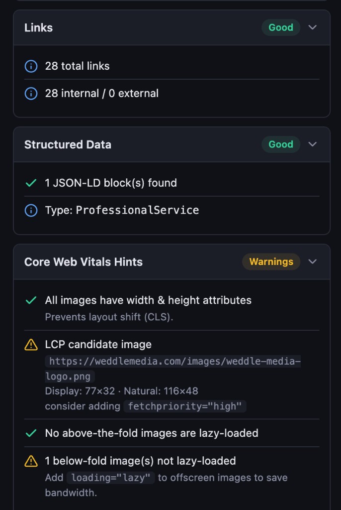 Core Web Vitals hints and structured data analysis
